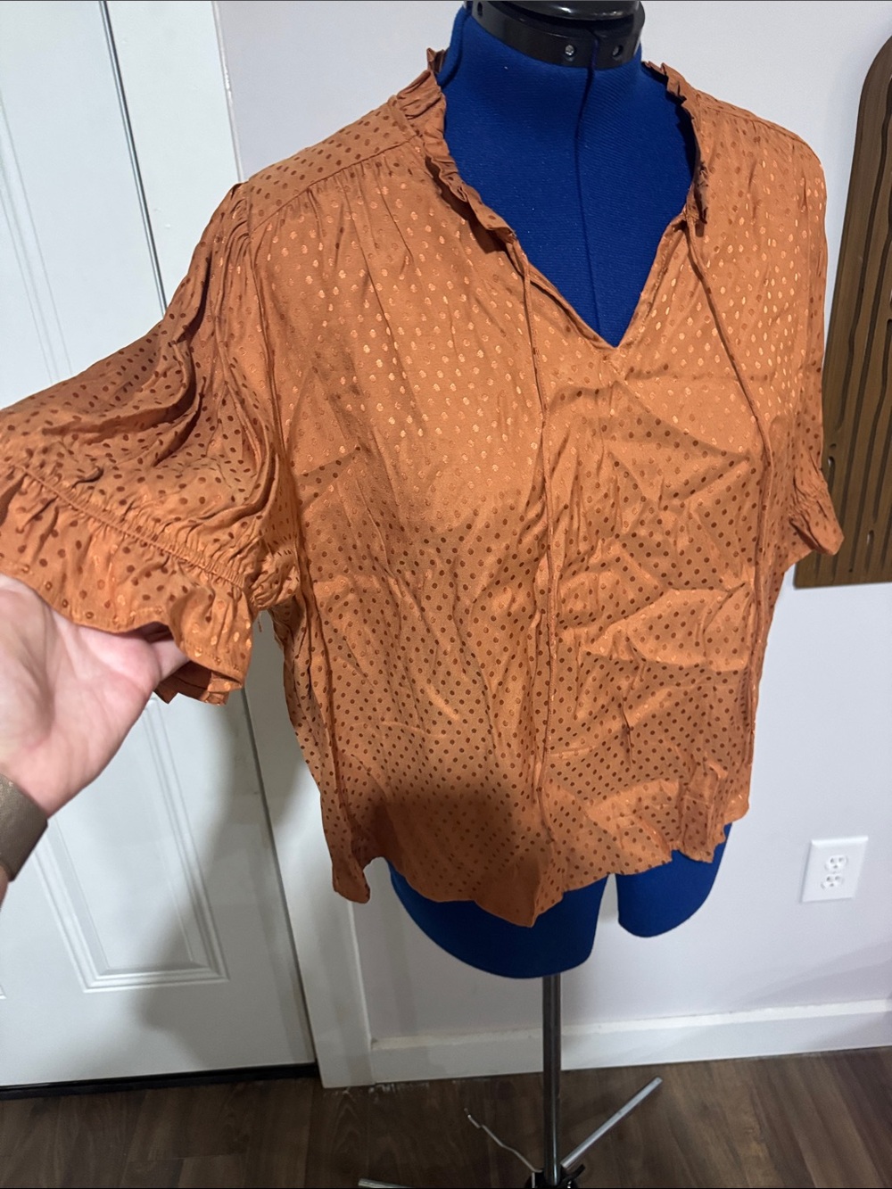 Draper James Rust Orange Dot-Print Ruffle Neck Blouse